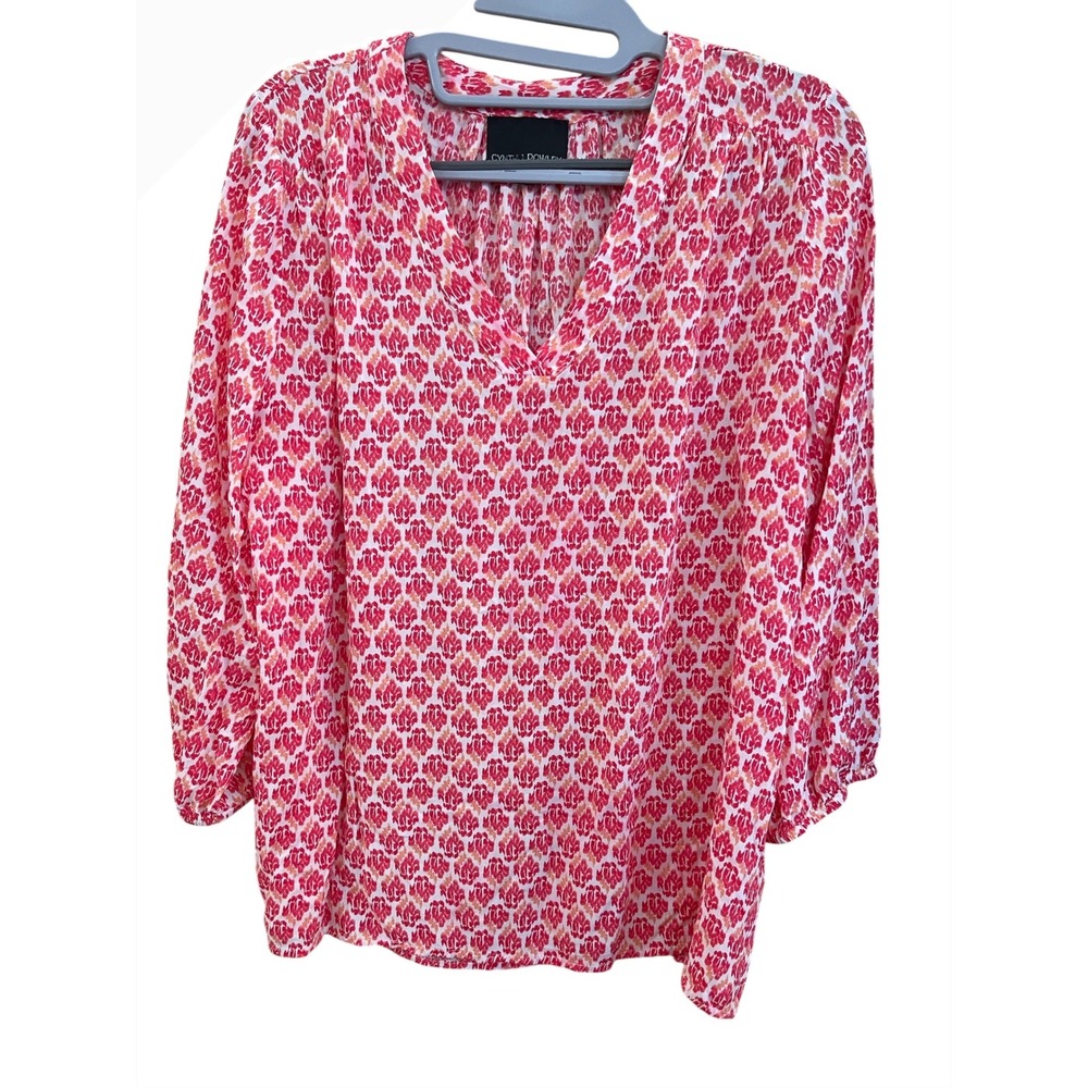 Cynthia Rowley Pink Orange Medallion Print V-Neck Blouse 3/4 Sleeve Large
